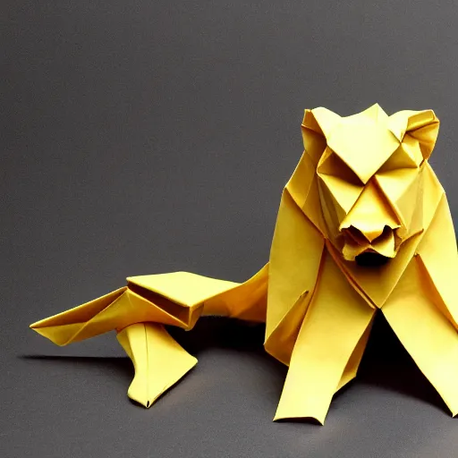 Prompt: origami of a lion, masterfully crafted and folded origami figure
