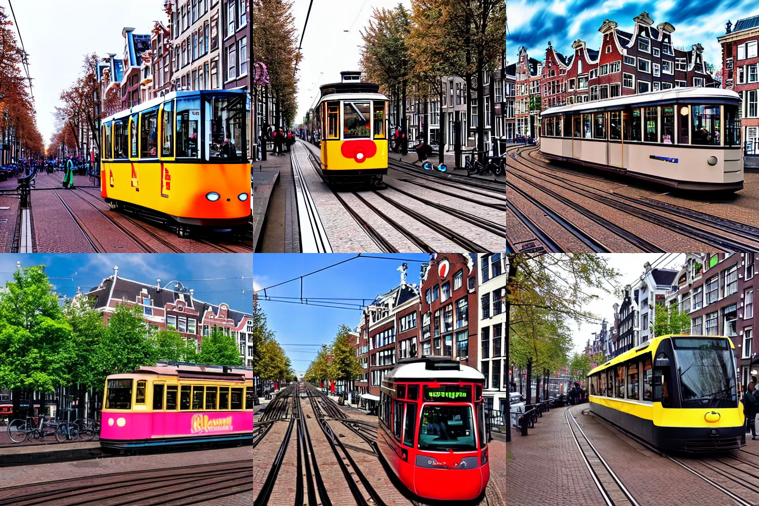 Prompt: tram running through amsterdam, manga