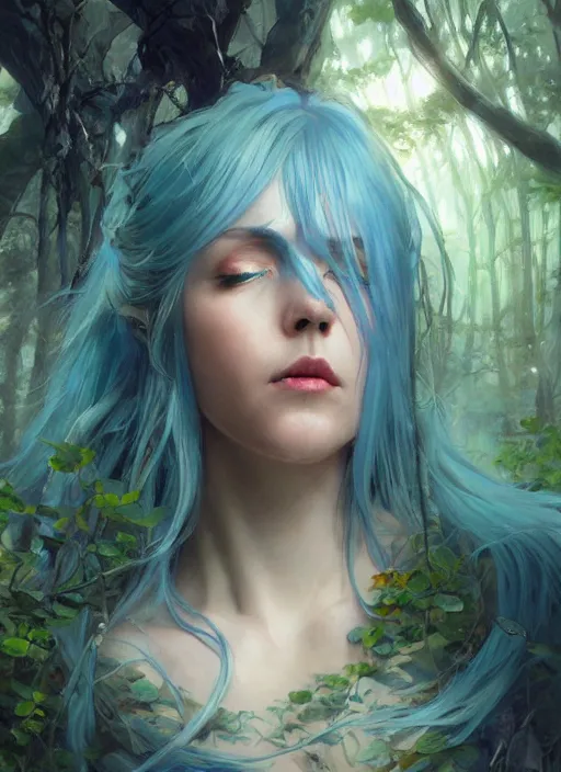 Image similar to stunningly beautiful female blue hair, femma stone face, antasy art, fae priestess, lush forest landscape, dark light night, sharp focus, digital painting, 8 k, concept art, art by wlop, artgerm, greg rutkowski and alphonse mucha