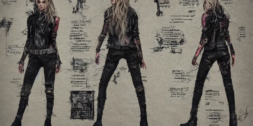 Prompt: samara weaving as a wanderer with tattooed neck, wearing a scratched leather and ripped leather jeans, wearing a short black jacket with a colorful stamp on its back, character sheet, fine details, props, concept design, contrast, kim jung gi, greg rutkowski, trending on artstation, 8 k, full body, turnaround, front, back, ultra wide angle