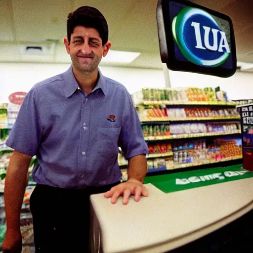 Prompt: Former House Speaker Paul Ryan minding the till at a 7/11. CineStill