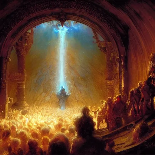 Prompt: alvah angelrune water portal to hell located in heaven, crowd of people, rule of thirds, 4 k, dark bright effect, highly detailed painting by gaston bussiere, craig mullins, j. c. leyendecker