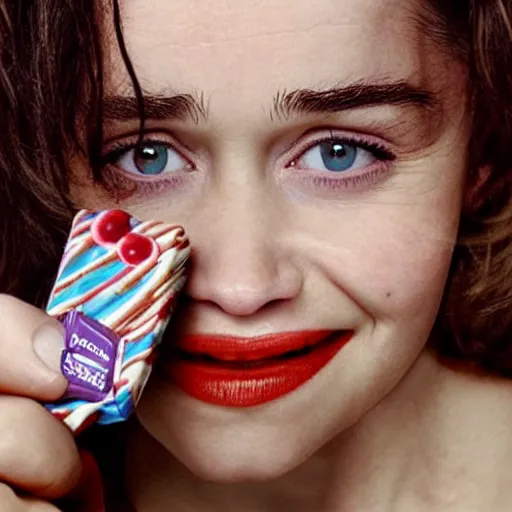 Image similar to emilia clarke mixed with a candy bar, clark bar, candy packaging, disturbing, coherent.,