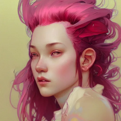 Image similar to Portrait of a eurasian tomboy with pink hair, glowing skin, fantasy, intricate, elegant, highly detailed, digital painting, artstation, concept art, smooth, sharp focus, illustration, art by Krenz Cushart and Artem Demura and alphonse mucha