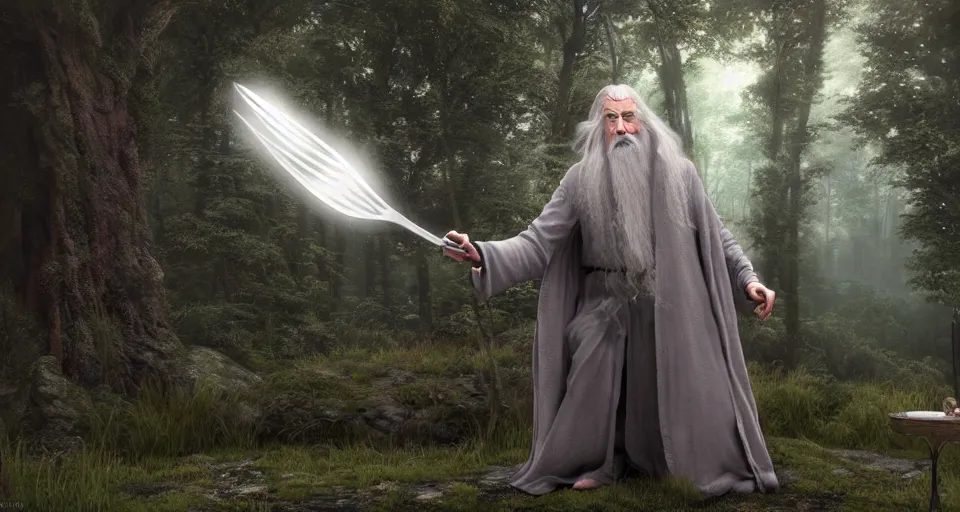 Image similar to A beautiful hyper realistic ultra detailed lifelike matte painting of Gandalf the grey casting a magic gigantic fork spell at crimson beehive in forest, unreal engine, deviantart, flickr, artstation, octane render, textured, colorful, extreme realistic detail, physically based rendering, pbr render, very detailed, volumetric lighting, detailed lighting, octane render, 4k, cinematic lighting, 8k resolution