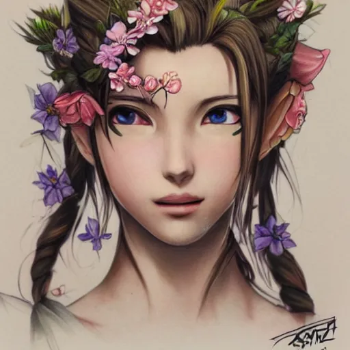 Prompt: concept art of aerith gainsborough with tattoos, amongst flowers, high quality, detailed, trending on artstartion