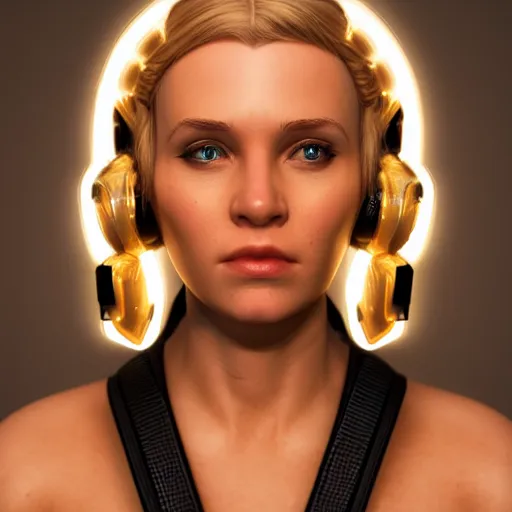 Prompt: beautiful blond girl in princess leia's gold bikini, symmetrical face, artstation, cinematic lighting, 8 k, high detail