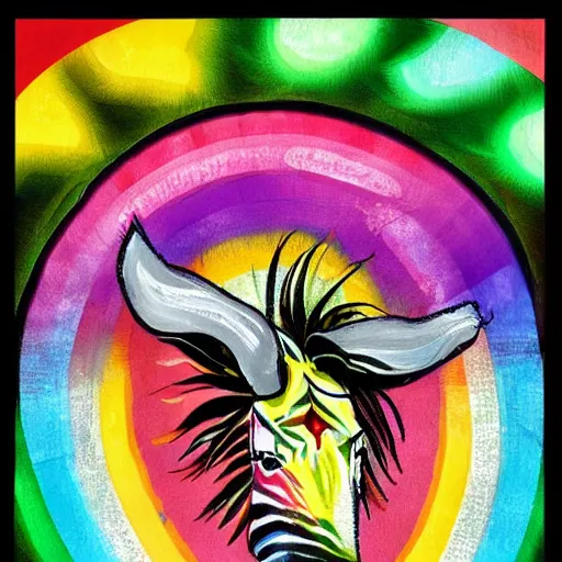 Prompt: painting friendly laughing happy stylish realistic rainbow zebra. background in the style of art nouveau. lively. colorful. hd.