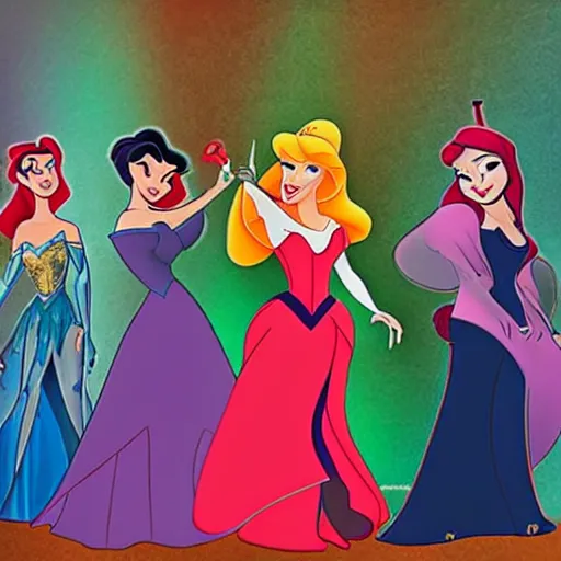 Prompt: disney princesses in a metal band