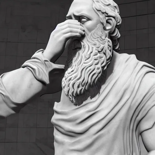 Prompt: a marble statue depicting a bearded wild man playing a modular synthesizer, 8 k, unreal engine,