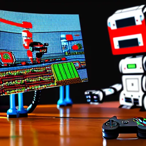 Prompt: an robot holding a retro game controller in its robot hand, on screen 8 - bit video game shown in background, intricate details, hyperrealistic oil painting on canvas, depth field, hd, hdr, 4 k, 8 k,