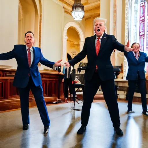 Image similar to United States Senators playing air guitar, Canon EOS R3, f/1.4, ISO 200, 1/160s, 8K, RAW, unedited, symmetrical balance, in-frame