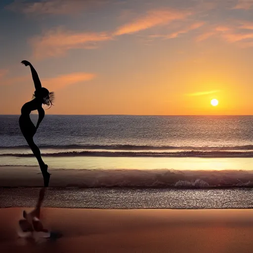 Image similar to silhouette of a dancer on the beach, sunset, photorealistic hd