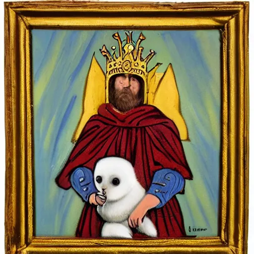 Image similar to oil painting of a baby harp seal dressed as a medieval king in golden medieval armor and wearing a golden crown, holding a royal scepter, in the style of a Byzantine painting