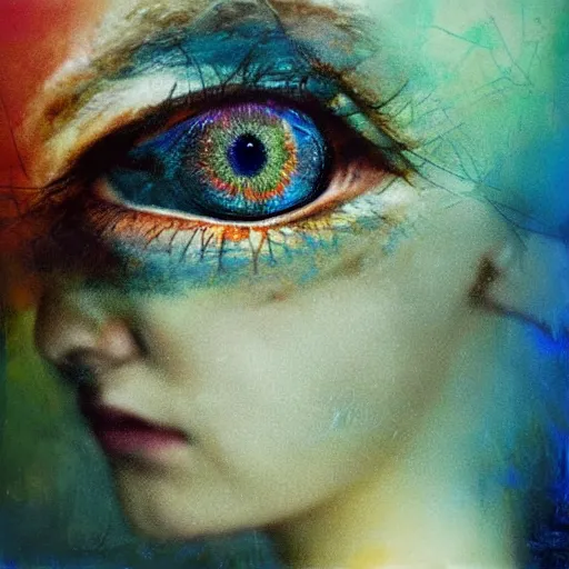 Image similar to A beautiful collage a large eye that is looking directly at the viewer. The eye is composed of a myriad of colors and patterns, and it is surrounded by smaller eyes. The smaller eyes appear to be in a state of hypnosis, and they are looking in different directions. by Norman Cornish, by Brooke Shaden playful