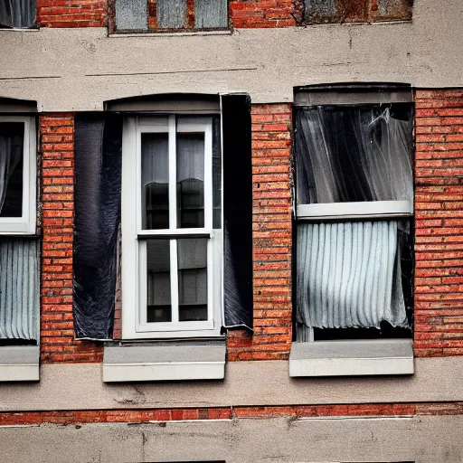 Prompt: classified documents falling out of a buildings windows. photograph.