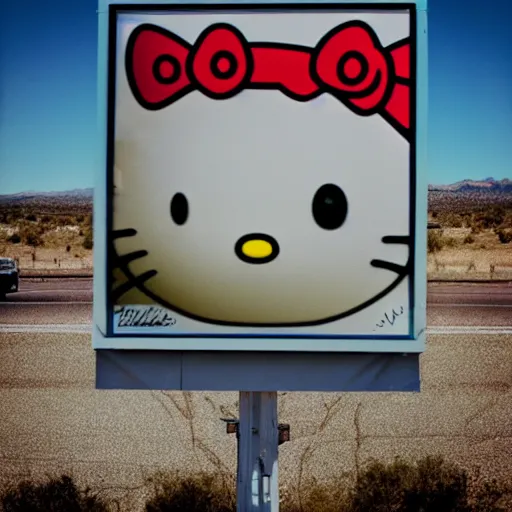 Prompt: Hello Kitty on a billboard on Route 66 dusty Polaroid with lens flare