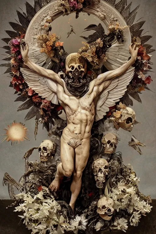 Prompt: A flying icarus reaching for the sun with a skull mask and wings as a corrupted and glitched Greek sculpture, glowing quartz crystal skull, wreath of ferns, abstract milky quartz eyes, many large flying monster eyes, flowing sakura silk, fabric, flowers. baroque elements, human skull. full-length view. baroque element. intricate artwork by caravaggio. many many birds birds on background. Trending on artstation. halo. octane render, cinematic, hyper realism, octane render, 8k, depth of field, 3D