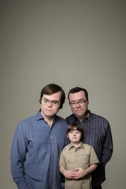 Prompt: portrait photo of dwight schrute and joe lo truglio, close up, high quality, studio lighting, sigma 8 5 mm f / 1. 4