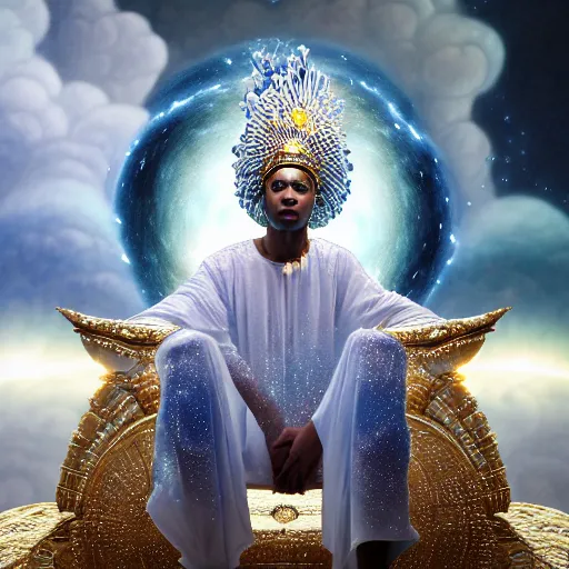 Prompt: obatala the cosmic god wearing all white and gold sitting on a throne of nebula clouds, by Adi granov and afarin sajedi in a surreal portrait style, matte painting, volumetric lighting, piercing eyes, detailed face, orisha, 8k, hd