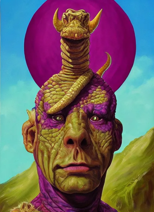 Image similar to oil painting portrait of a cowboy lizard person, a gorn from star trek, a snake oil salesman wearing a blonde wig in a movie poster for a movie called gorn on the bull horn girl, purple green color scheme