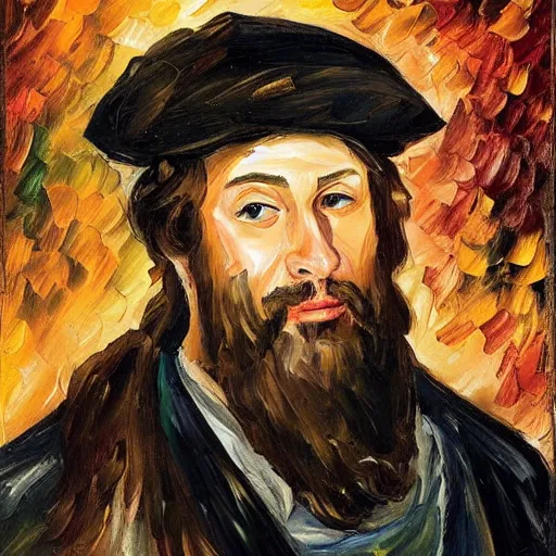 Image similar to portrait of a middle aged medieval nobleman with a long face, long brown hair and a closely - trimmed beard which is beginning to go grey. by leonid afremov