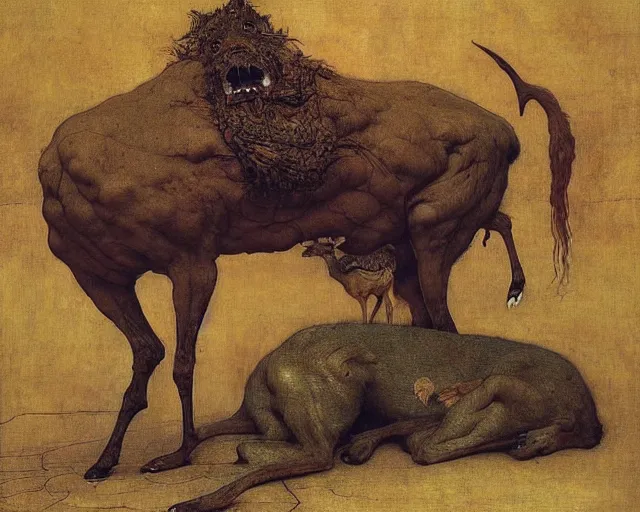 Prompt: Lama, Deer, Dog, Horse combined; fantastic sick damned mutant beast infected exposed damaged skin inflated blisters by Beksinski, Arthur Rackham, Eugene de Blaas, Frederic Leighton, Hans Thoma, Asher Brown Durand