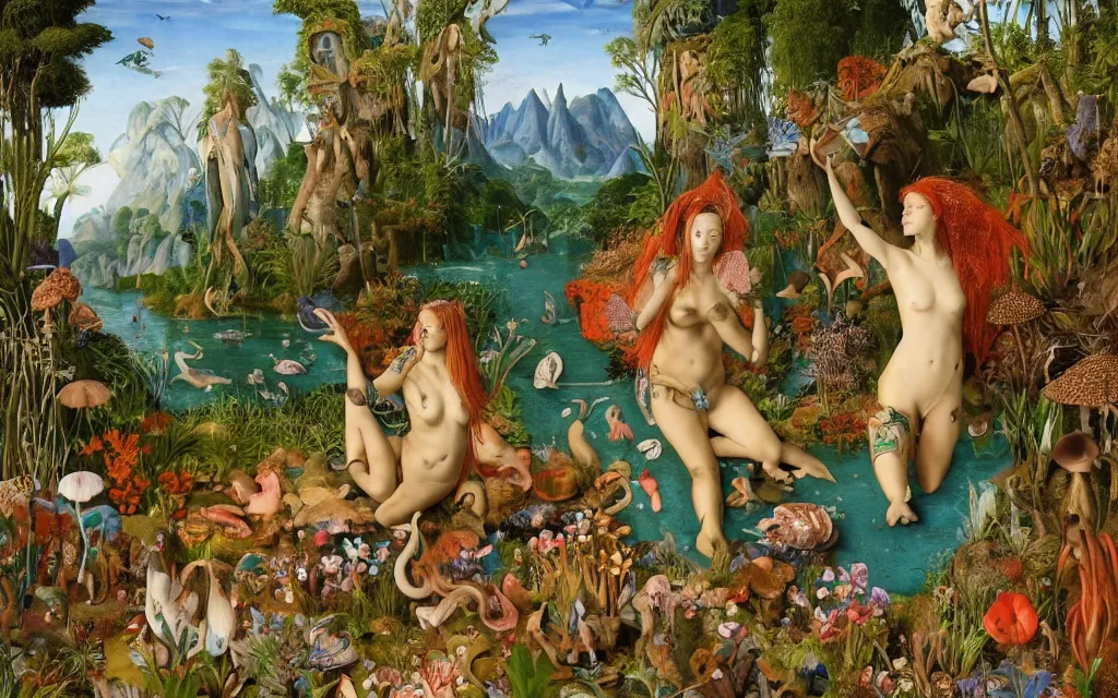 Image similar to a portrait photograph of a meditating mermaid shaman and a centaur monk feeding tropical animals at a wide river delta. surrounded by bulbous flowers, animals, trees and mushrooms. mountain range under a vast blue sky of burning stars. painted by jan van eyck, max ernst, ernst haeckel and artgerm, cgsociety, artstation, fashion editorial