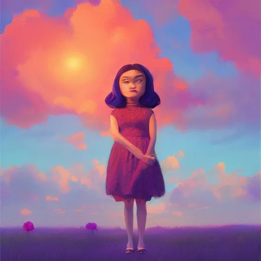 Image similar to girl with a giant carnation head, surreal photography, flower field, sunset dramatic light, impressionist painting, colorful clouds, blue sky, digital painting, artstation, simon stalenhag