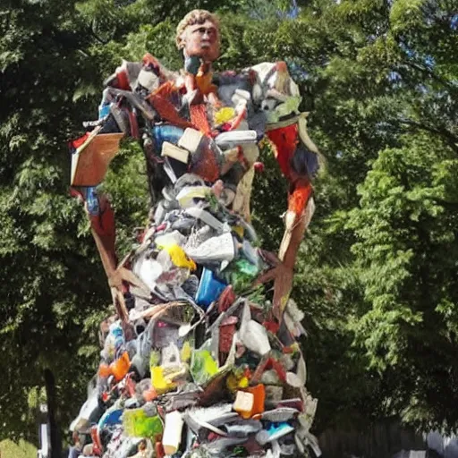 Image similar to A sculpture a preacher Dante Gebel made pure recycle materials trash, Rebecca Sugar