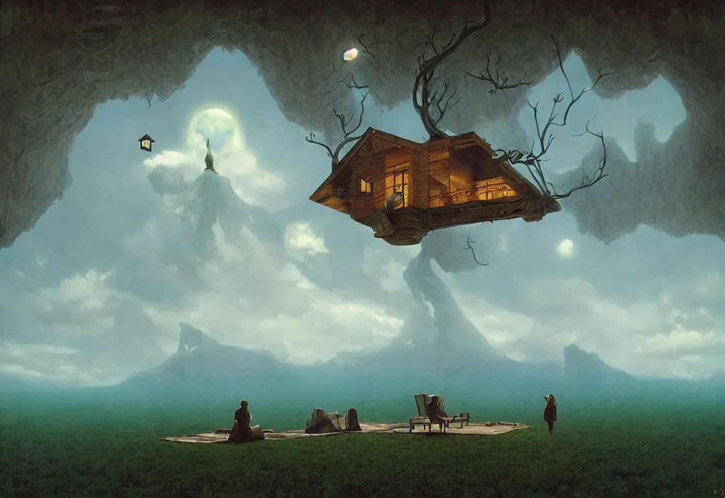 Image similar to a surreal cabin, art by james gurney and greg rutkowski, surrealism by salvador dali, very detailed, high resolution, inspired by rene magritte, volumetric lighting