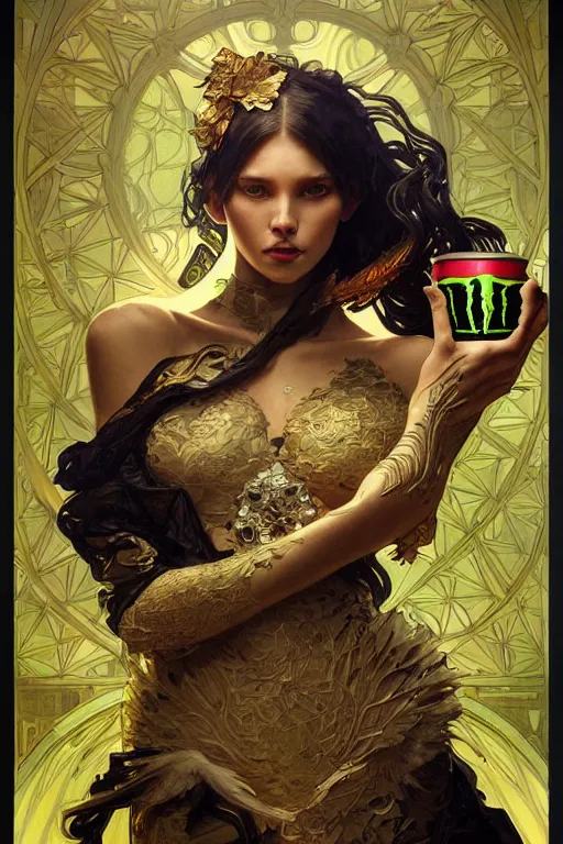 Image similar to monster energy drink, intricate, elegant, highly detailed, digital painting, artstation, concept art, matte, sharp focus, illustration, art by artgerm and greg rutkowski and alphonse mucha