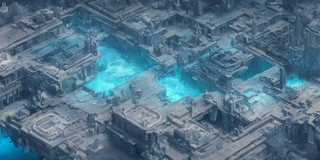 Prompt: a beautiful digital illustration of a shining silver underwater city by beeple | viewed from above | Byzantine architecture | cinematic | unreal engine | octane | photorealistic |