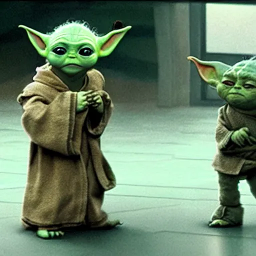 Image similar to a film still of baby yoda's son being trained by rey skywalker in star wars realistic, detailed