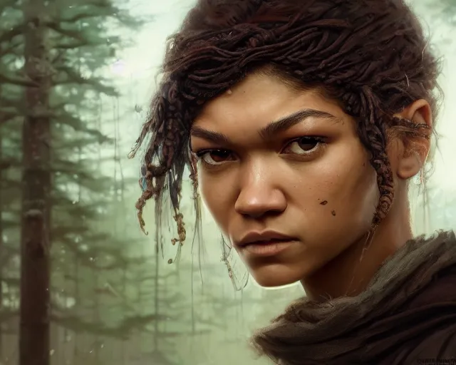 Image similar to highly detailed portrait of zendaya in the walking dead, stephen bliss, unreal engine, fantasy art by greg rutkowski, loish, rhads, ferdinand knab, makoto shinkai and lois van baarle, ilya kuvshinov, rossdraws, tom bagshaw, global illumination, radiant light, detailed and intricate environment