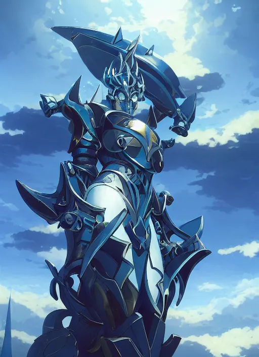 Image similar to close up of a extremely beautiful and aesthetic mech armor witch holding a symmetrical trident, highly detailed face, attractive symmetrical eyes, back shark fin, big wave horizon, dynamic model pose, slightly smiling, blue sky, big blade whale and black giants mech minotaurus, epic scene, fantasy illustrations, by makoto shinkai and peter mohrbacher and ferdinand knab