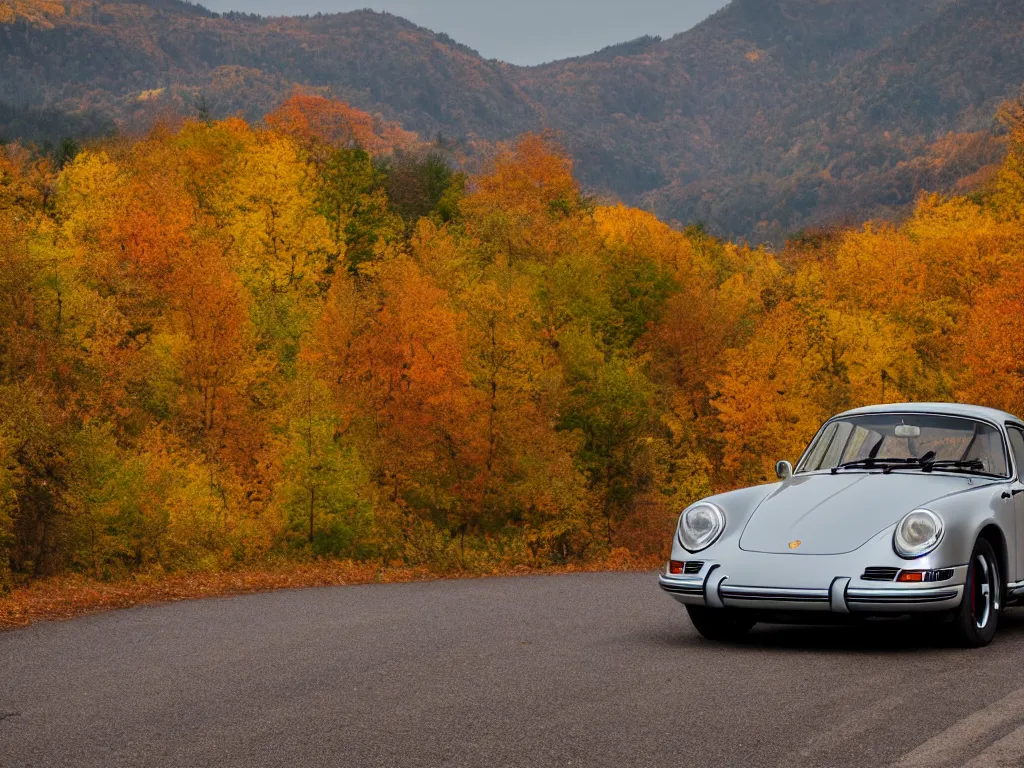 Prompt: a porsche singer with lights on a mountain road, autumn leaves, motion blur, 3 5 mm photography, car photography, clean lines, realistic