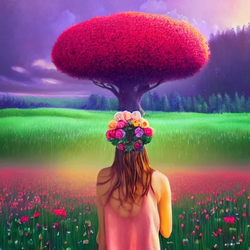 Image similar to girl with a gargantuan flower as a face, surreal photography, dream, standing in flower field, hills, big trees, sunrise dramatic light, impressionist painting, colorful clouds, digital painting, pointillism, artstation, simon stalenhag, flower face