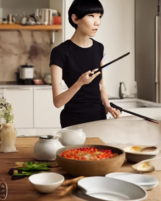 Prompt: wide shot photoshoot of tao okamoto preparing a meal, 8 k, photorealistic