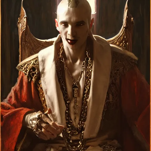 Image similar to perfectly centered portrait of attractive vampire king in a robe sitting on a throne of bones, highly detailed painting by gaston bussiere, craig mullins, j. c. leyendecker, 8 k