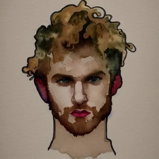 Image similar to abstract experimental watercolor drawing of a young cute handsome beautiful strawberry blond medium curly hair man in his early 2 0 s wearing a blank maroon t - shirt with grey - blue eyes, by elizabeth peyton and alphonse mucha, trending on artstation, artgen