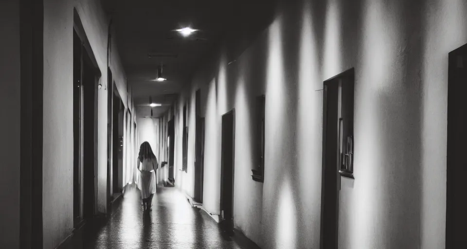 Image similar to A beautiful woman in white is walking hallway at night , view from front.