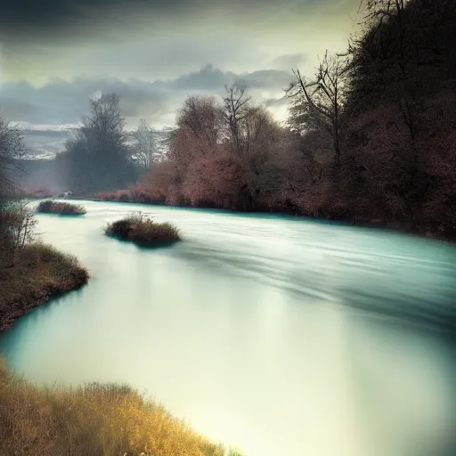 Prompt: photo of a beautiful river landscape by michal karcz., taken by a disposable camera