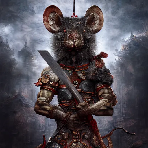 Image similar to The Chinese Zodiac sign of rat warrior, traditional Chinese textures, hyper detail, Unreal engine,Octane render, by Brooke Shaden,