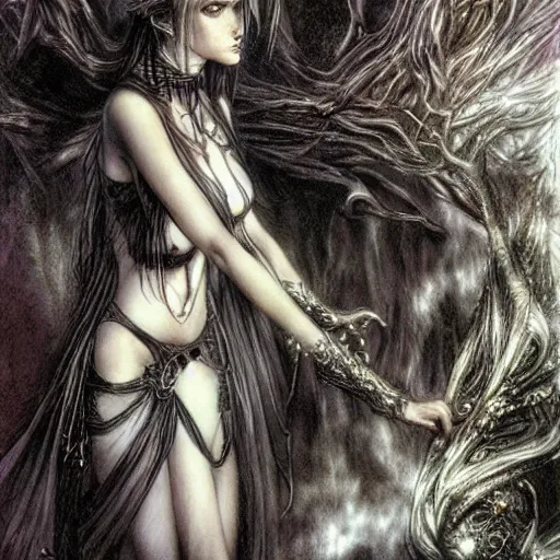 Prompt: dark beautiful sorceress casting an illusion spell by luis royo