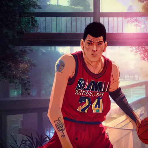 Image similar to highly detailed hanamichi sakuragi of slam dunk, in gta v, stephen bliss, unreal engine, fantasy art by greg rutkowski, loish, rhads, ferdinand knab, makoto shinkai and lois van baarle, ilya kuvshinov, rossdraws, tom bagshaw, global illumination, radiant light, detailed and intricate environment