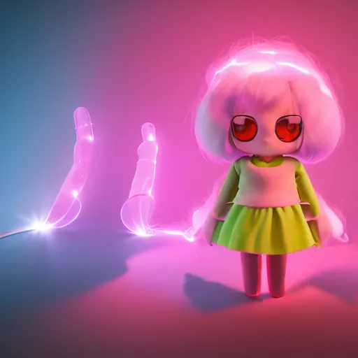 Image similar to cute fumo plush girl from a dark cave which is photoluminescent, jelly glow, neon lens flare, vray