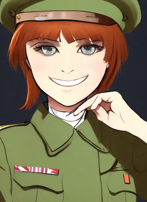 Image similar to portrait of young woman with light brown hair and hazel eyes dressed in a sharp dark teal military uniform with beret, saluting, smiling at camera, ilya kuvshinov, anime, cheerful