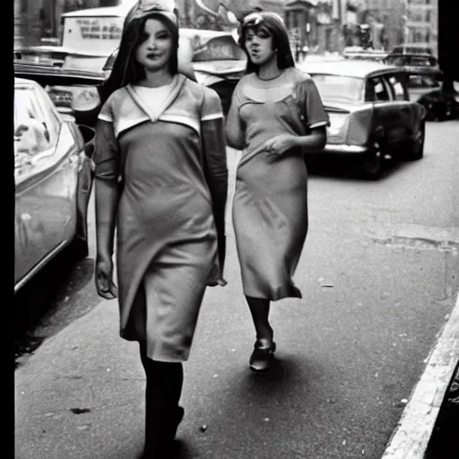 Prompt: photograph of angels in human clothes on new york streets in the 60's