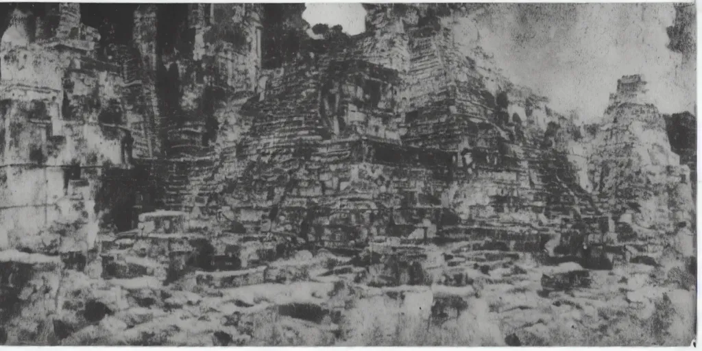 Image similar to black and white old 1 9 3 0 s damaged polaroid photo of a real alien with mayans in the ruins of tikal